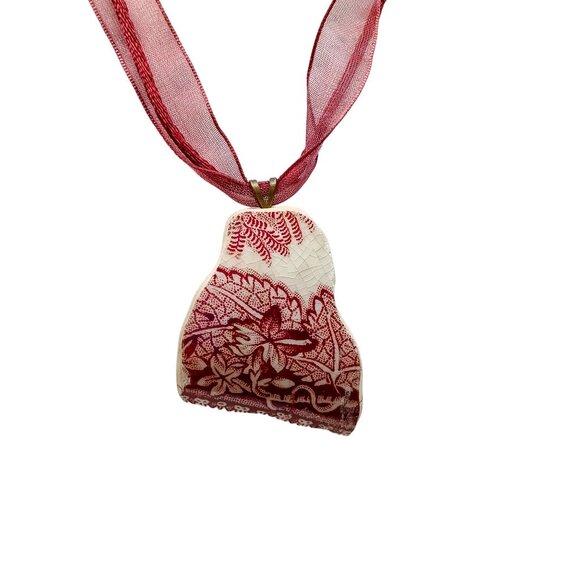 Vintage Red and White Ceramic Shard Pendant Necklace with Sheer Ribbon and Cord - Picture 3 of 5